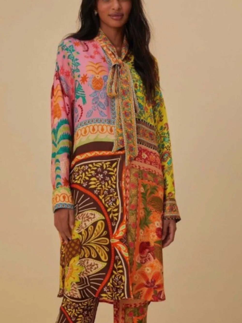 FARM Rio Vibrant Patchwork Tie-Neck Midi Dress in Pink, Yellow & Orange